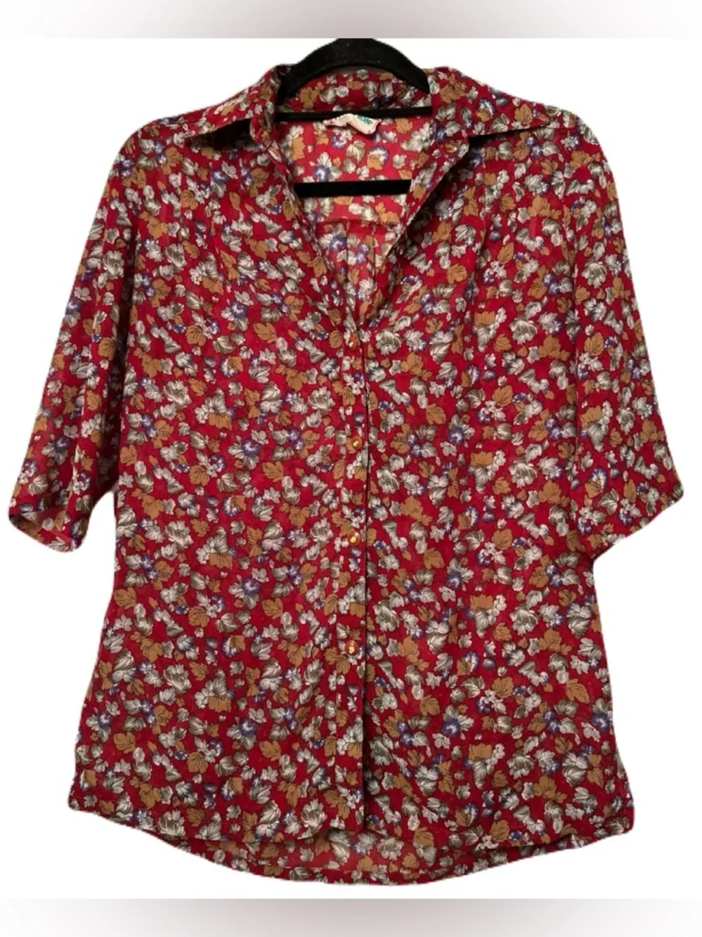 VIVA FLEUR Vintage Red Floral Button-Up Blouse Sz 7 Retro Cottagecore BohoTop - Picture 14 of 16